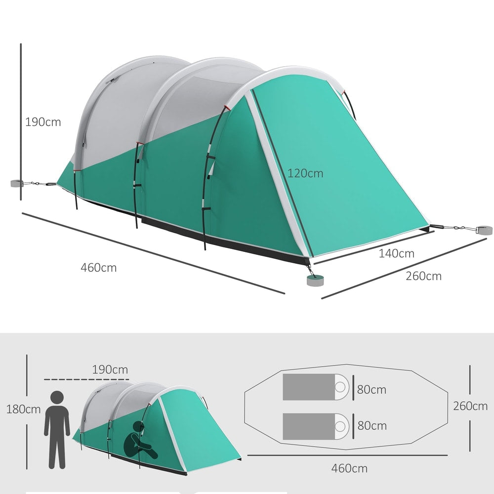 The tunnel tent showing height and length dimensions with a silhouette of a person for scale