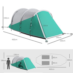 The tunnel tent showing height and length dimensions with a silhouette of a person for scale