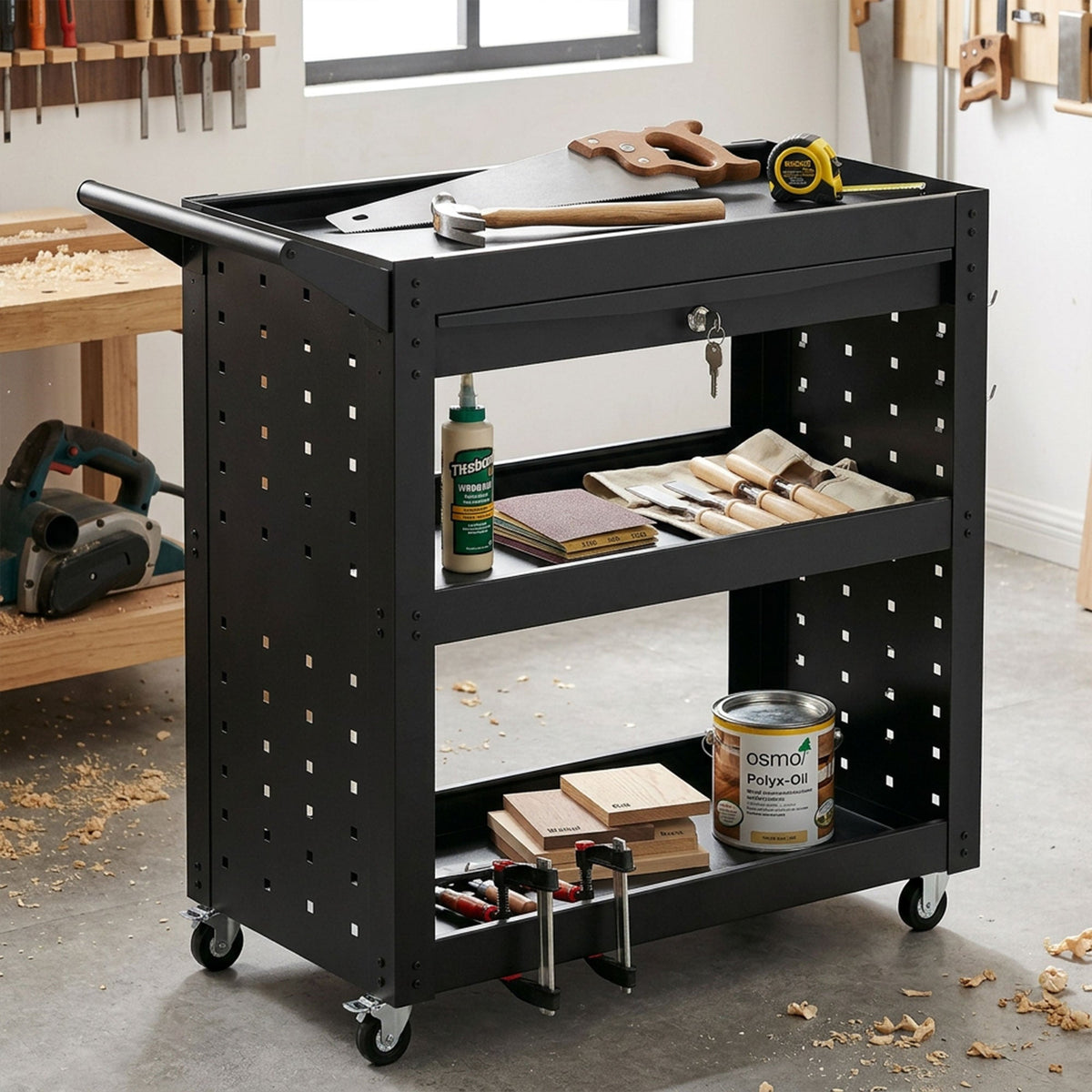 HOMCOM Tool Cart with Lockable Wheels, Rolling Workshop Cart with 3-Tier Trays, Drawer, Pegboards, Black - product image 3