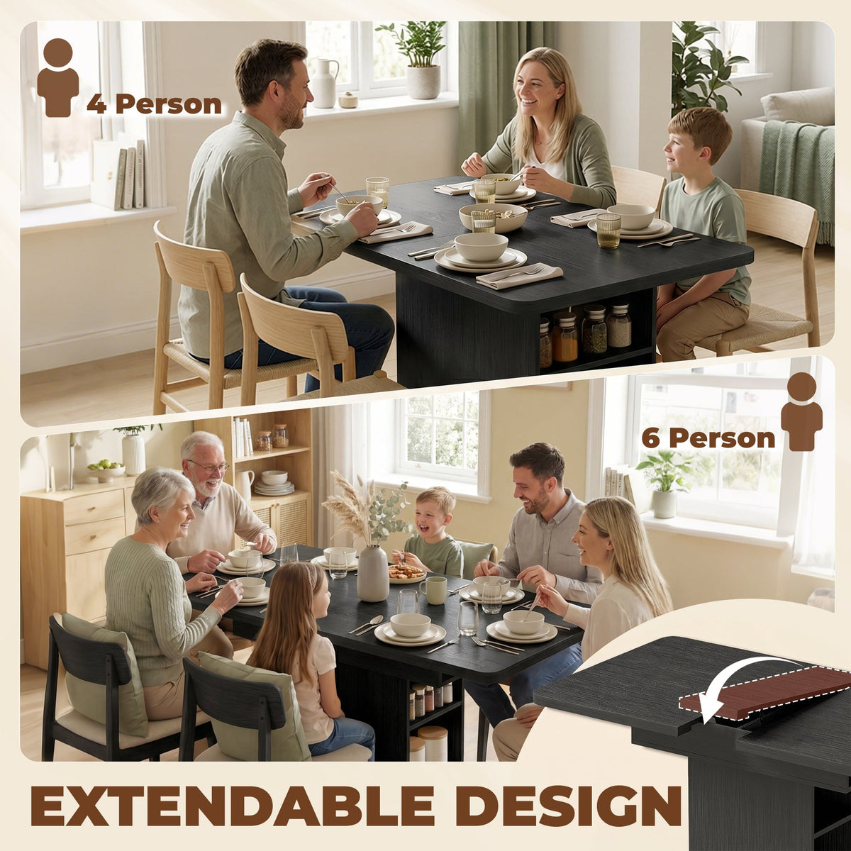 HOMCOM Extendable Dining Table for 4-6 People, 110-130cm Kitchen Table with 6 Open Shelves, Black
