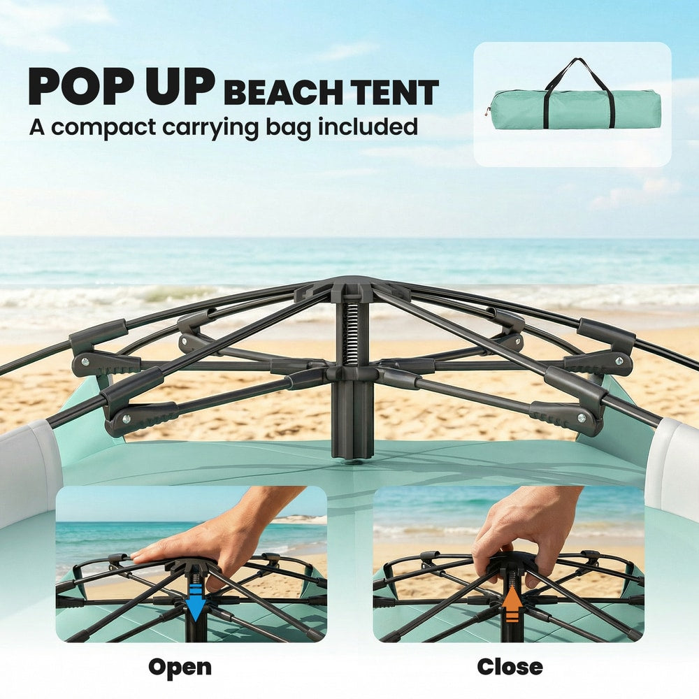 Close up of the pop up beach tent frame mechanism for opening and closing