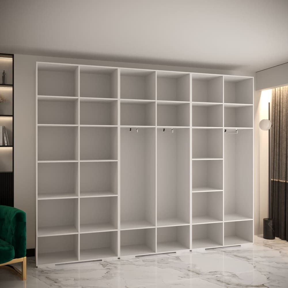 The open hinged wardrobe showing a mix of shelving and hanging space on the left