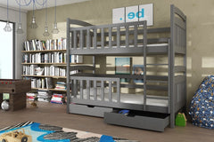 The grey bunk bed viewed from the right side with an open drawer in a furnished room