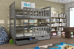 The grey bunk bed shown from the left side with one storage drawer pulled out