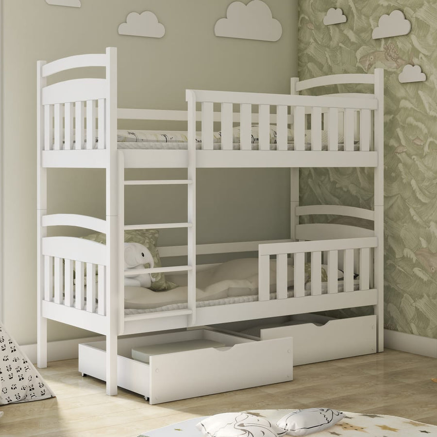 Wooden Bunk Bed Sebus with Storage in white with one drawer pulled out in a child bedroom