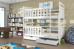 The white bunk bed viewed from the opposite angle showing the ladder and open storage drawer