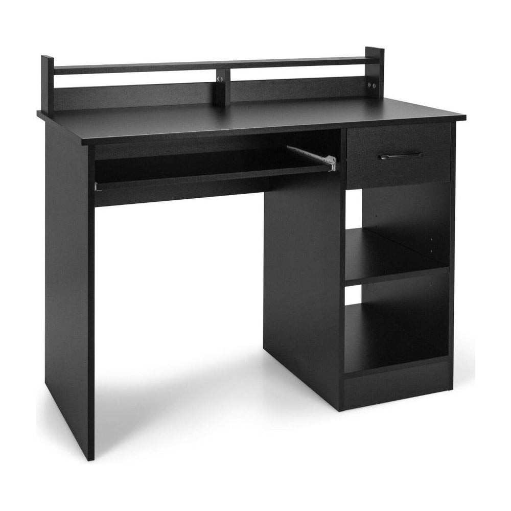 Wooden Computer Desk With Keyboard Tray for Work and Study-Black, a black desk with a keyboard tray and shelves