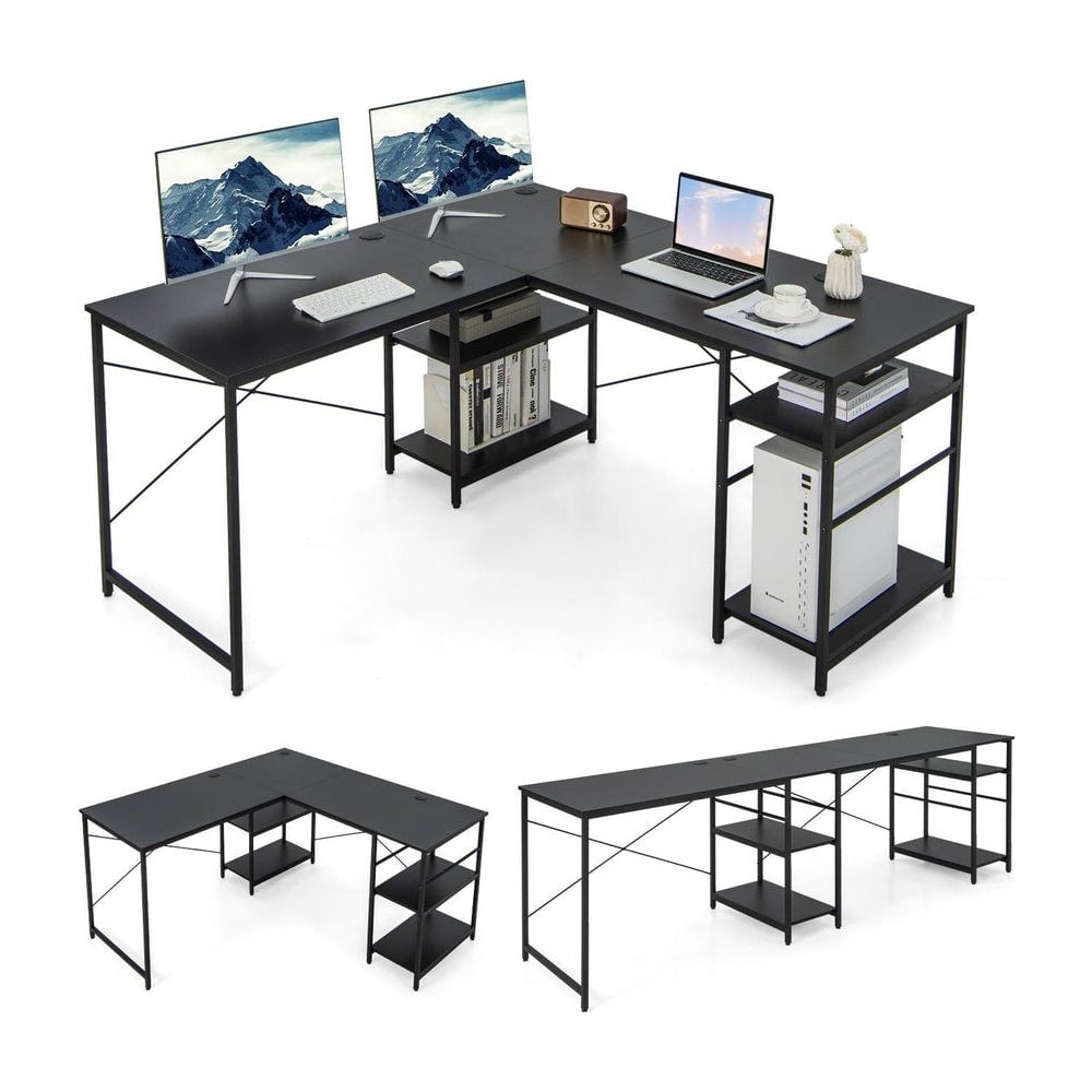 Wooden Industrial L-Shaped Desk with Storage Shelves shown from three different angles