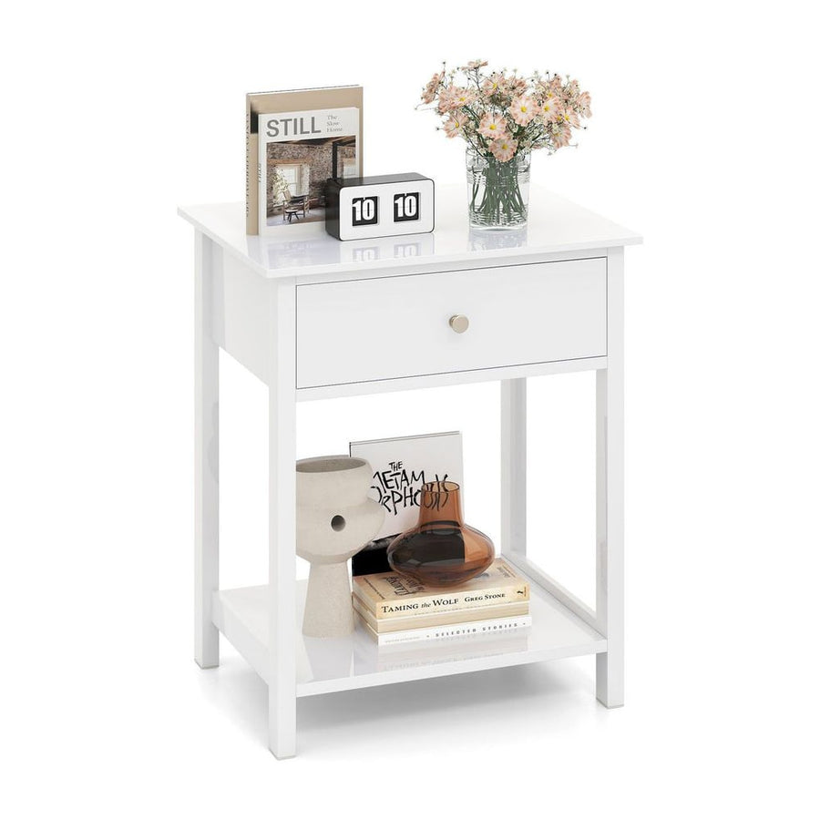 Wooden Nightstand with Drawer and Storage Shelf-White