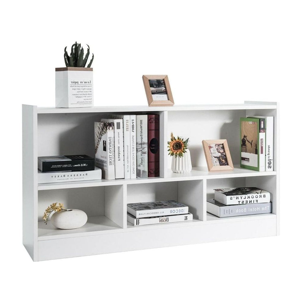 Wooden Storage Bookcase with 2 Tiers and 5 Cubes, a white unit with shelves and cube compartments, decorated with books and