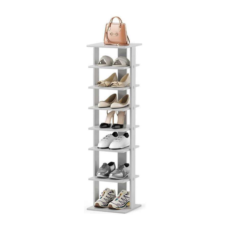 Wooden Vertical Shoe Rack with 7 Shelves, a tall grey unit displaying various shoes and a handbag on top