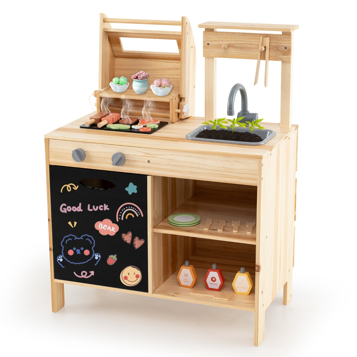 Wooden Barbecue Grill Toy Set with Chalkboard and Play Food for Kids-Natural