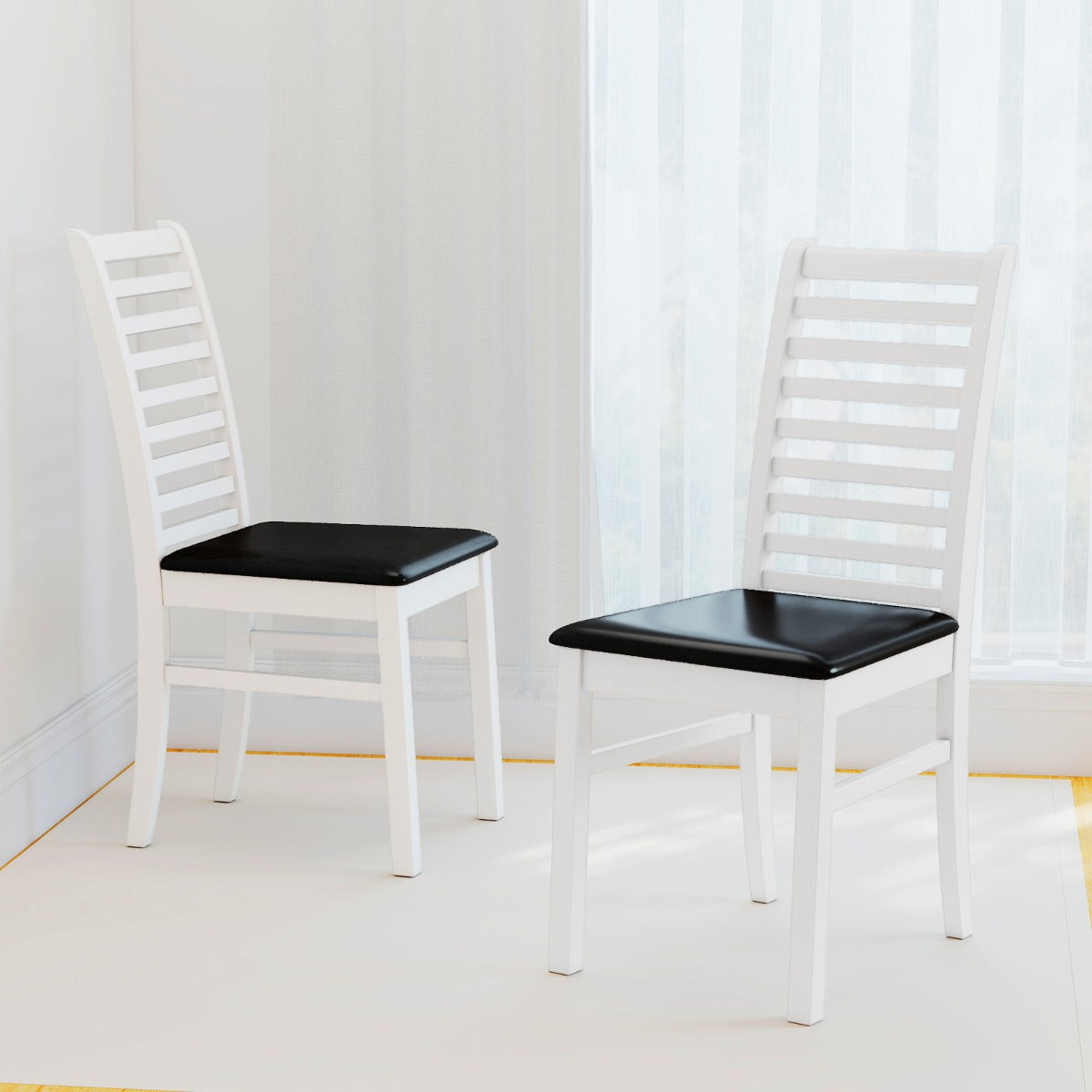 Wooden Dining Chair Set of 2 with Rubber Wood Legs and Padded Seat-Black & White
