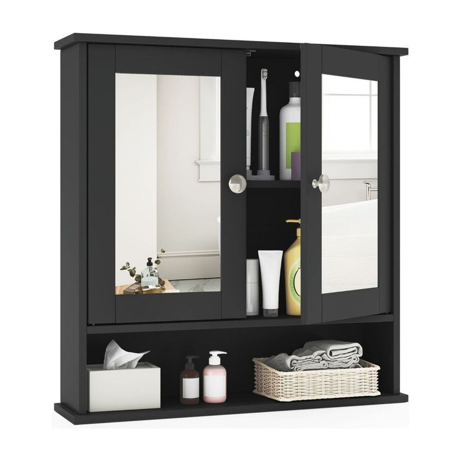 Wooden Hanging Medicine Organizer with Mirror and Adjustable Shelf-Black