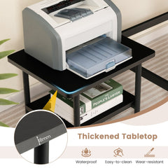 Close up of the black wooden printer stand's tabletop and legs, showing its thickness