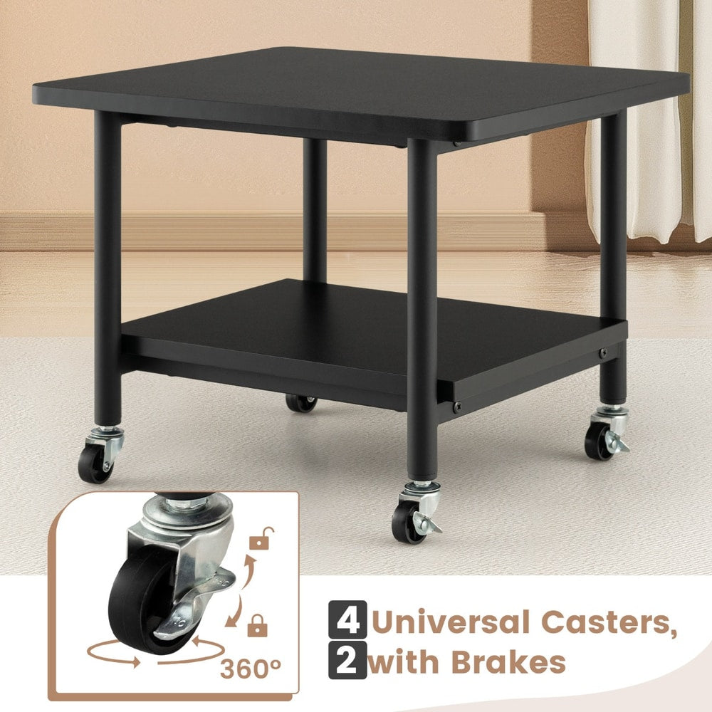 The black wooden printer stand with two tiers, showing its swivel casters and brakes