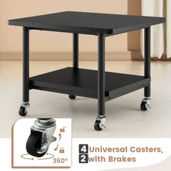 The black wooden printer stand with two tiers, showing its swivel casters and brakes