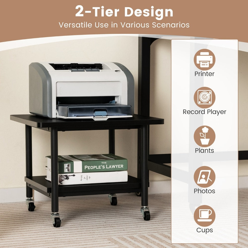 The two tier printer stand holding a printer and books, with icons showing its versatility