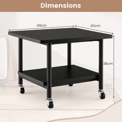 Dimensions of the black wooden printer stand with two tiers, showing height, width and depth