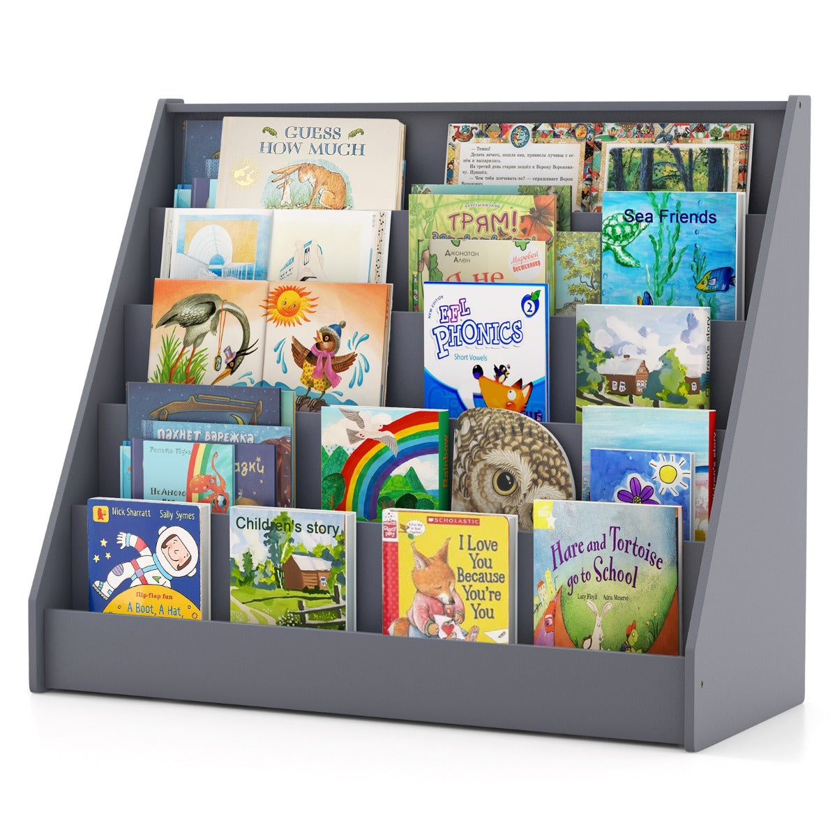 The kids storage unit angled to show the five tiers filled with various children's books
