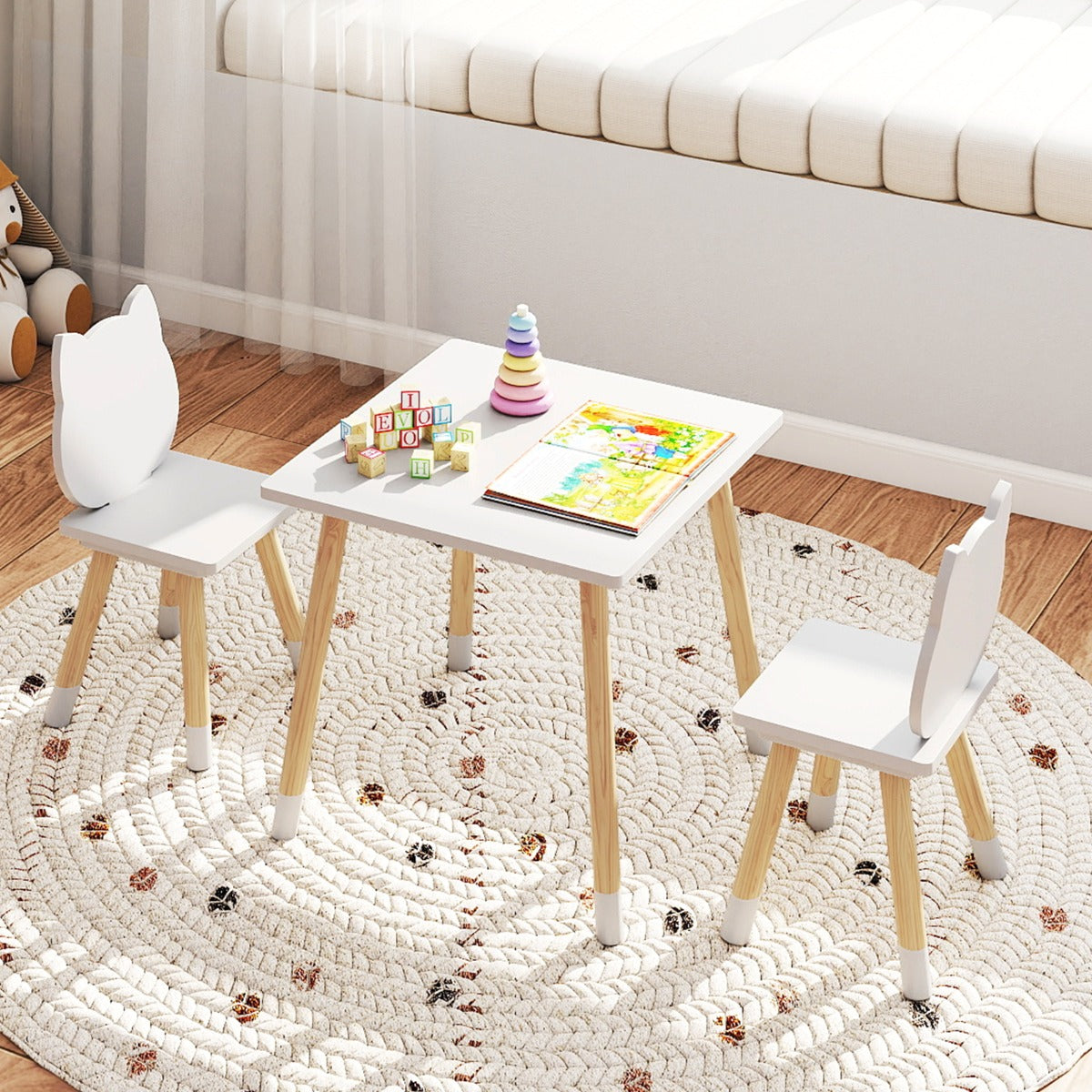 Wooden Toddler Desk and Chair Set for Classroom-White