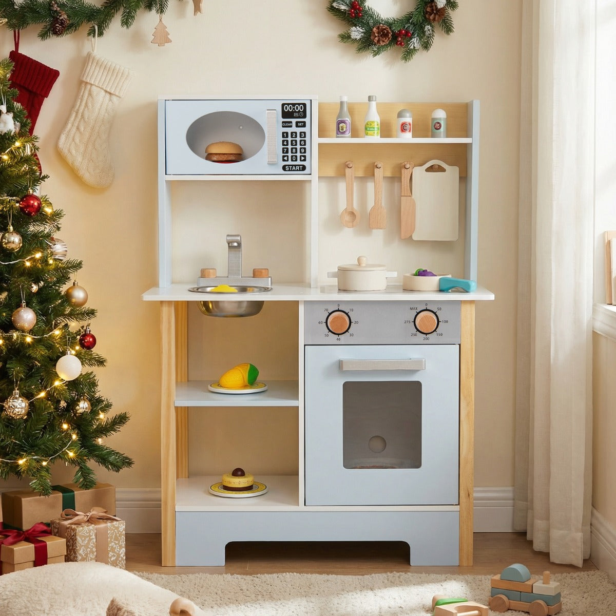 Wooden Toy Kitchen Playset with Chalkboard Microwave Stove for Kids Aged 3 +-Blue