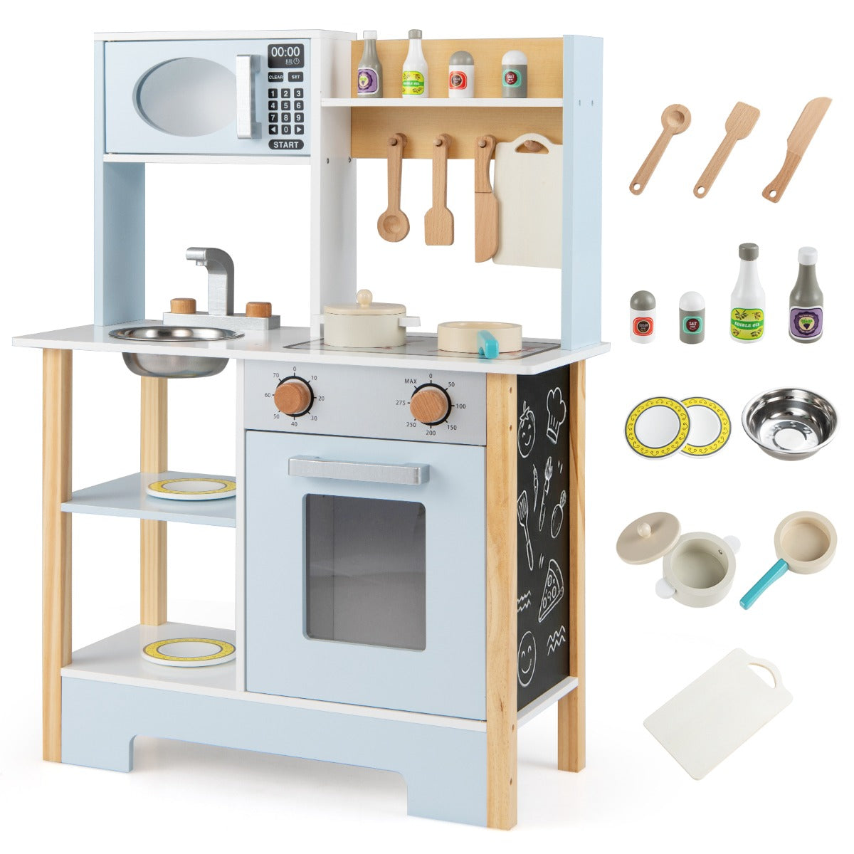 Wooden Toy Kitchen Playset with Chalkboard Microwave Stove for Kids Aged 3 +-Blue