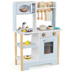 Wooden Toy Kitchen Playset with Chalkboard Microwave Stove for Kids Aged 3 +-Blue