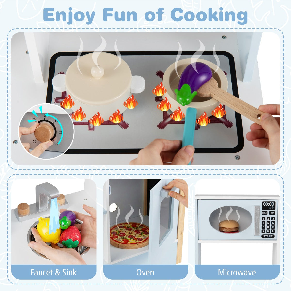 Wooden Toy Kitchen Playset with Chalkboard Microwave Stove for Kids Aged 3 +-Blue