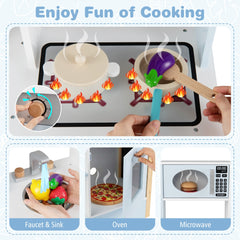 Wooden Toy Kitchen Playset with Chalkboard Microwave Stove for Kids Aged 3 +-Blue