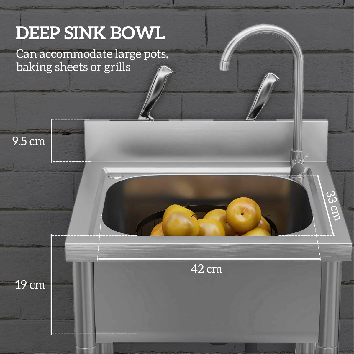 HOMCOM Outdoor Utility Sink, Stainless Steel Free Standing Single Bowl Kitchen Sink with Cold and Hot Water Pipe and Storage Shelf for Laundry Garage, 55 x 50 x 100 cm
