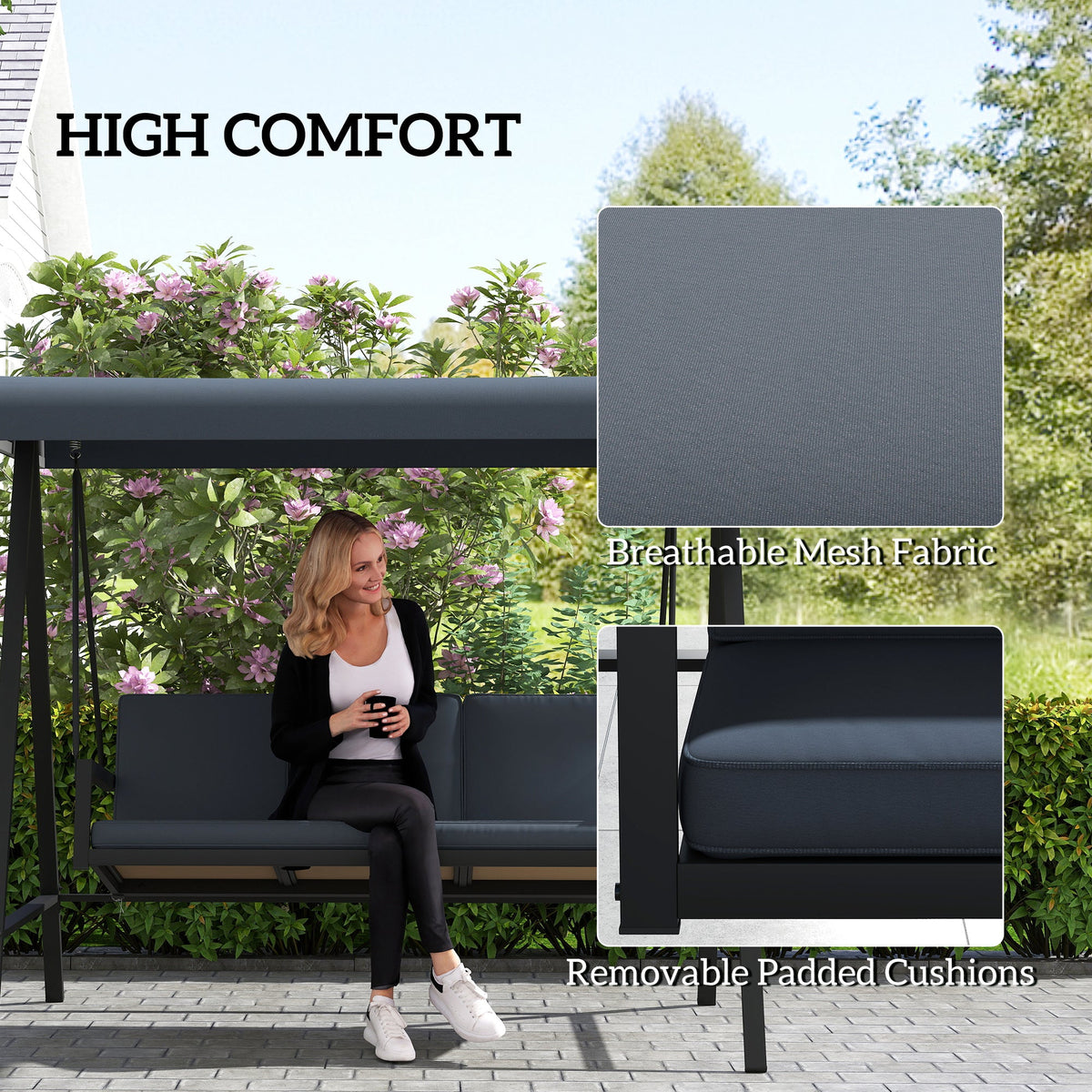 Outsunny Three-Seat Garden Swing Chair, with Adjustable Canopy - Dark Grey - product image 5
