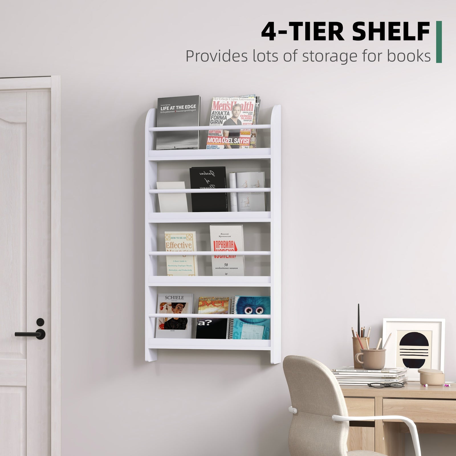 HOMCOM Bookcase, 4 Tier Wall Mounted Bookshelf, 15cm Depth Storage Shelving Rack for Bedroom Nursery Office Home, Accessories Supplies, White