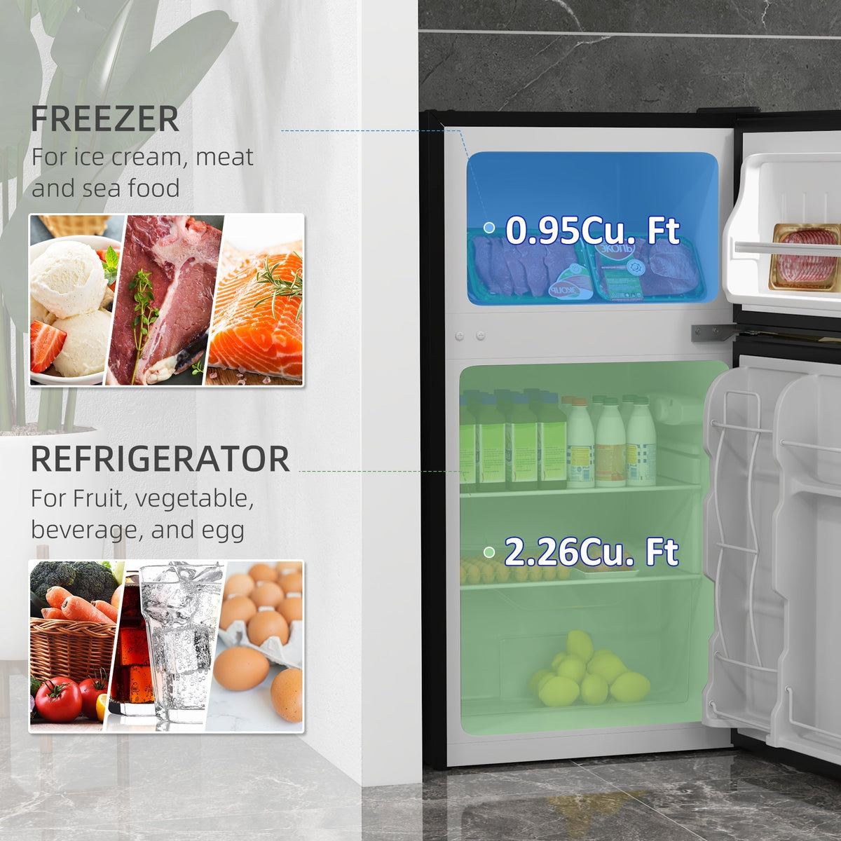 HOMCOM 88L Under Counter Fridge Freezer, Small Refrigerator with 5-Setting, 3 Star Freezer Rating, Black and Silver Tone