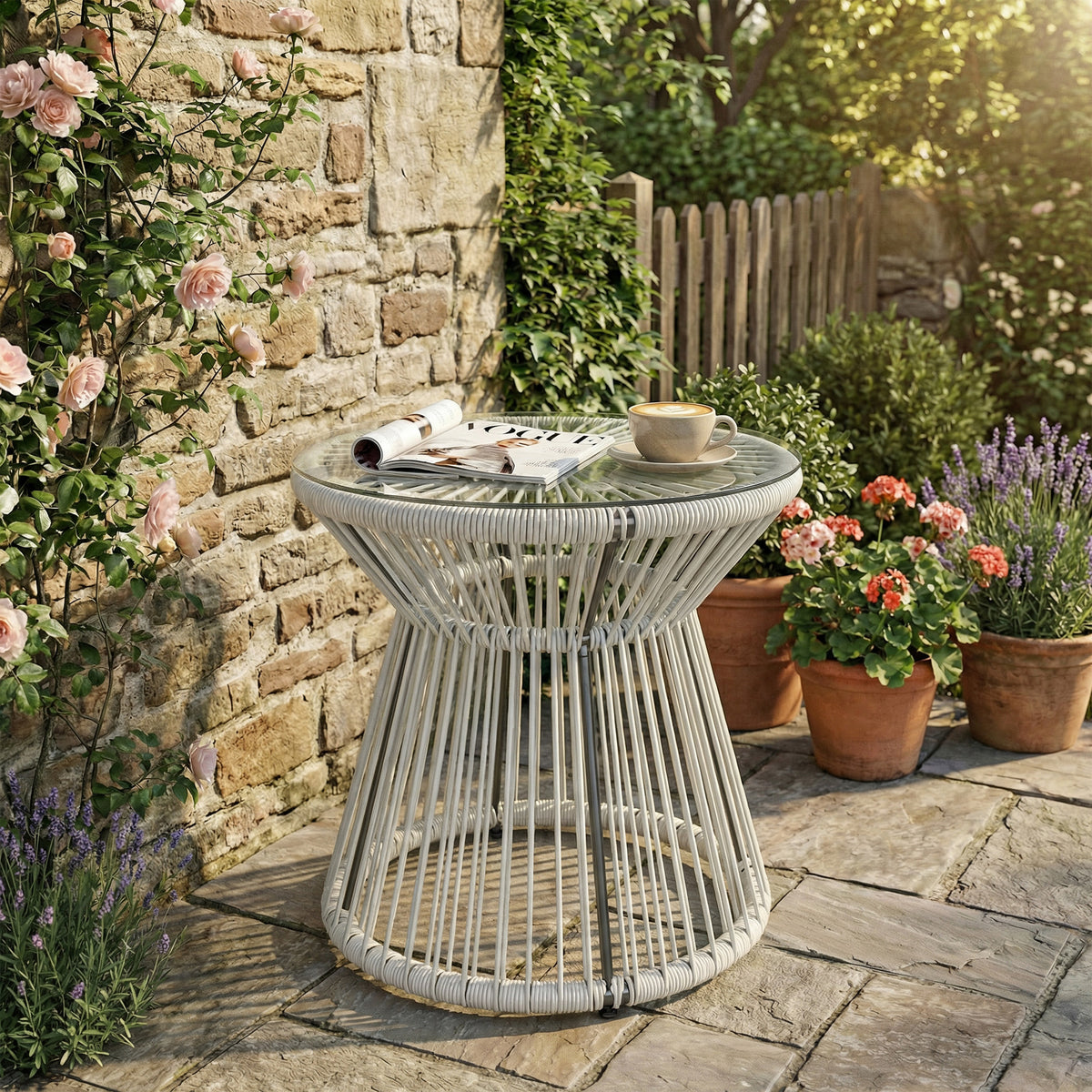 Outsunny Rattan Outdoor Coffee Table, PE Rattan Wicker Bistro Side Table with Tempered Glass Top, Light Grey