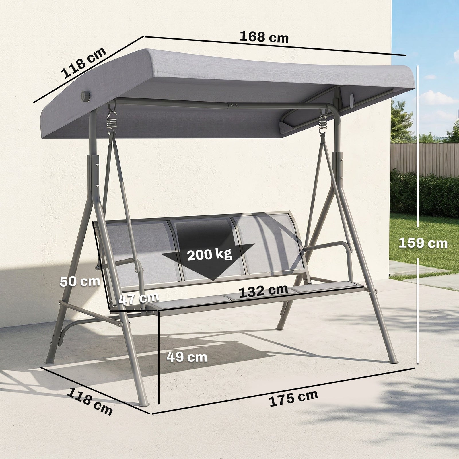 Outsunny 3 Seater Swing Chair, Garden Swing Bench with Adjustable Tilting Canopy, Breathable Mesh Seat and Heavy Duty Steel Frame for Patio, Garden, Grey