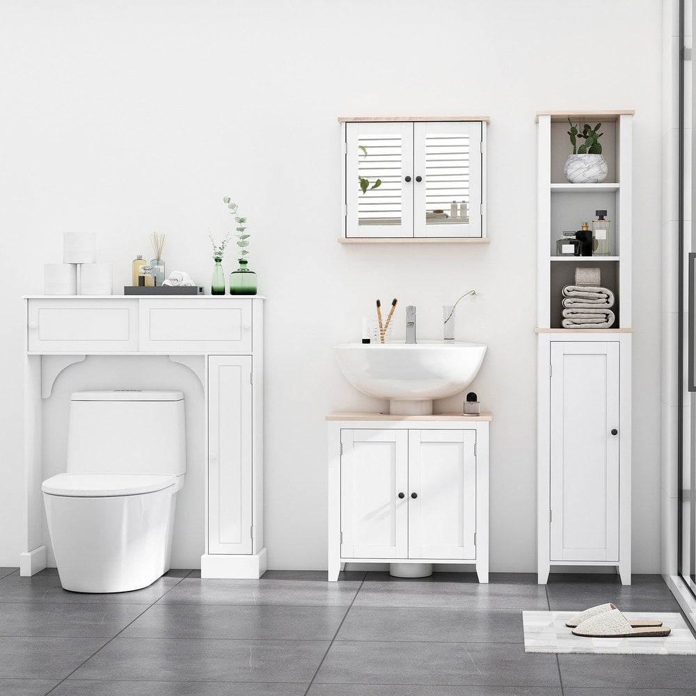 A white bathroom mirror cabinet is displayed with other bathroom furniture including a toilet and tall storage unit