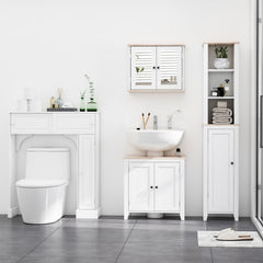 A white bathroom mirror cabinet is displayed with other bathroom furniture including a toilet and tall storage unit