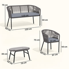 Outsunny 4 Piece Garden Furniture Set, Rope Garden Sofa Set with 1 Loveseat 2 Chairs Tempered Glass Table Cushions, Dark Grey