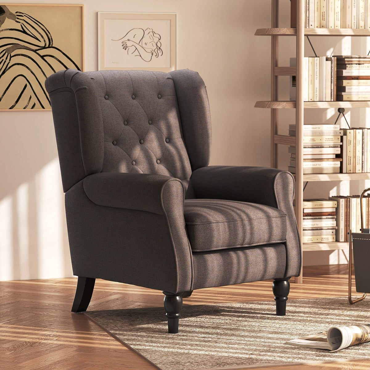 HOMCOM Wingback Accent Chair, Retro Upholstered Button Tufted Occasional Chair for Living Room and Bedroom, Brown
