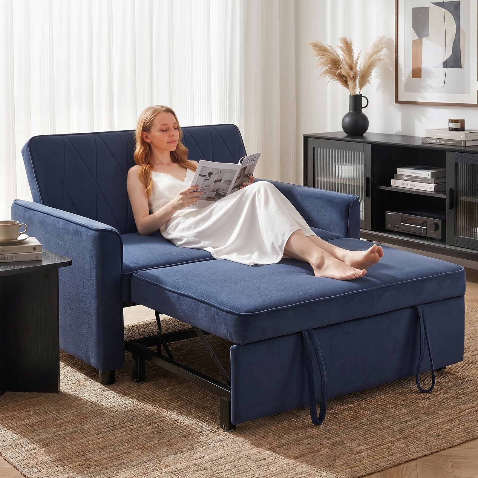 HOMCOM 2 Seater Sofa Bed, 3-in-1 Convertible Pull Out Sleeper Sofa with Clik-Clack Adjustable Backrest, Dark Blue