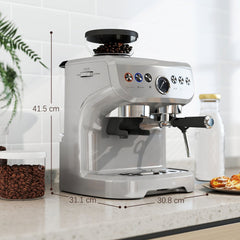 The silver coffee machine with dimensions shown