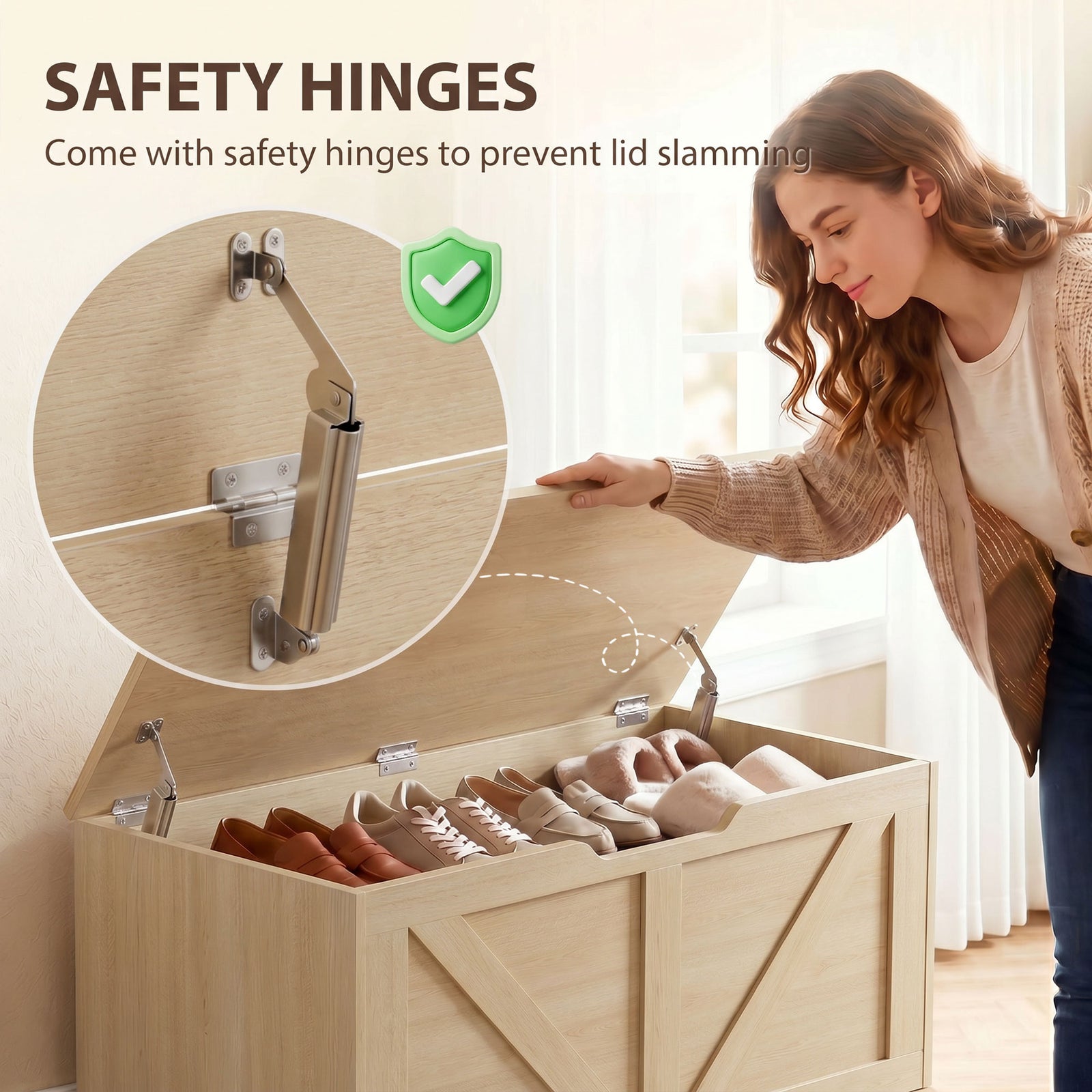HOMCOM 127L Home Storage Box, with Safety Hinges - Nature Wood Finish