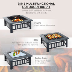 Outsunny Metal Large Firepit Outdoor Square Fire Pit Brazier with Rain Cover, Lid, Log Grate, Poker for Backyard, Camping, BBQ, Bonfire, Wood Burning Stove, 86 x 86 x 54cm, Black