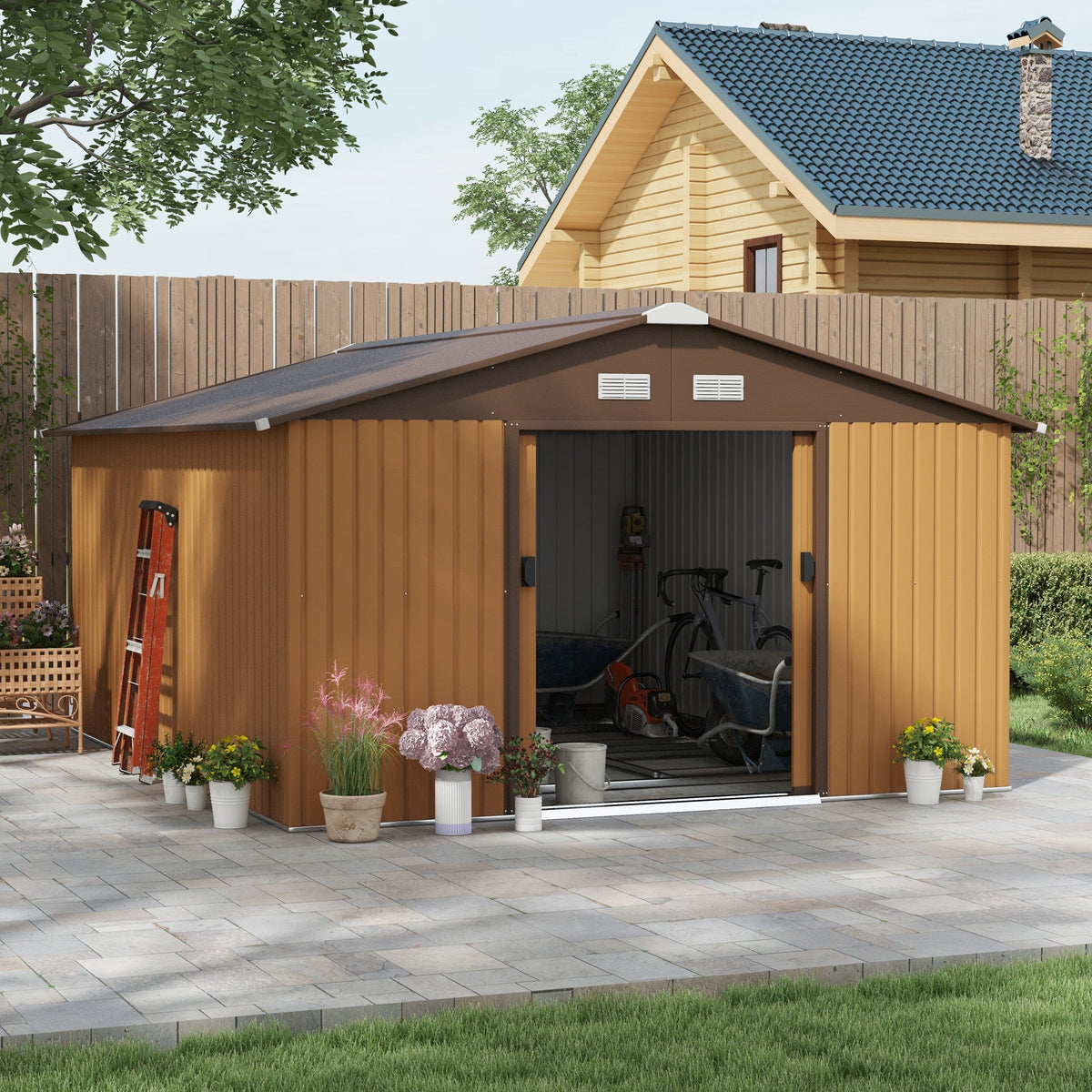 Outsunny 13 x 11ft Metal Garden Shed, Waterproof Outdoor Bike Storage Shed Galvanised with Vents, Foundation Kit, Apex Roof and Lockable Double Doors for Patio Lawn, Light Brown