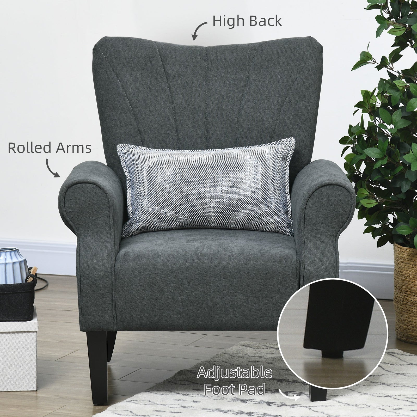 HOMCOM Upholstered Accent Chair with Rolled Arms and Wood Legs, Armchair for Living Room Bedroom, Grey - product image 5