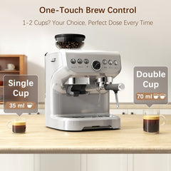 The coffee machine brewing single and double cups of espresso
