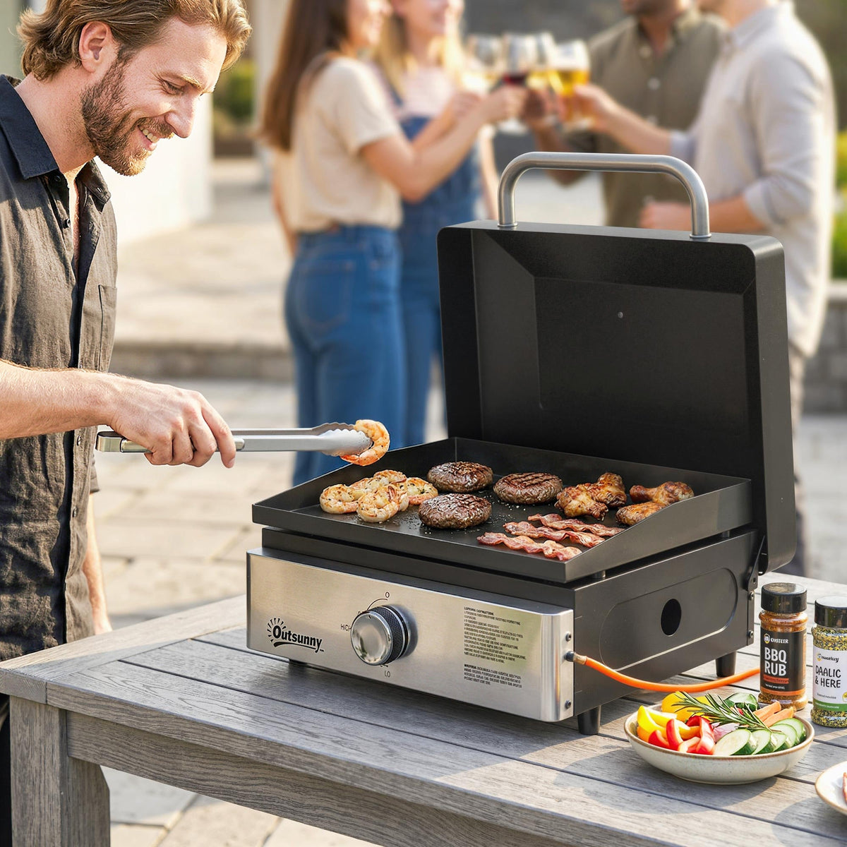 Outsunny Grill Griddle, Portable Gas Plancha, 3.5 kW, Tabletop Gas BBQ with Grease Cup for Camping Picnic Patios, Black