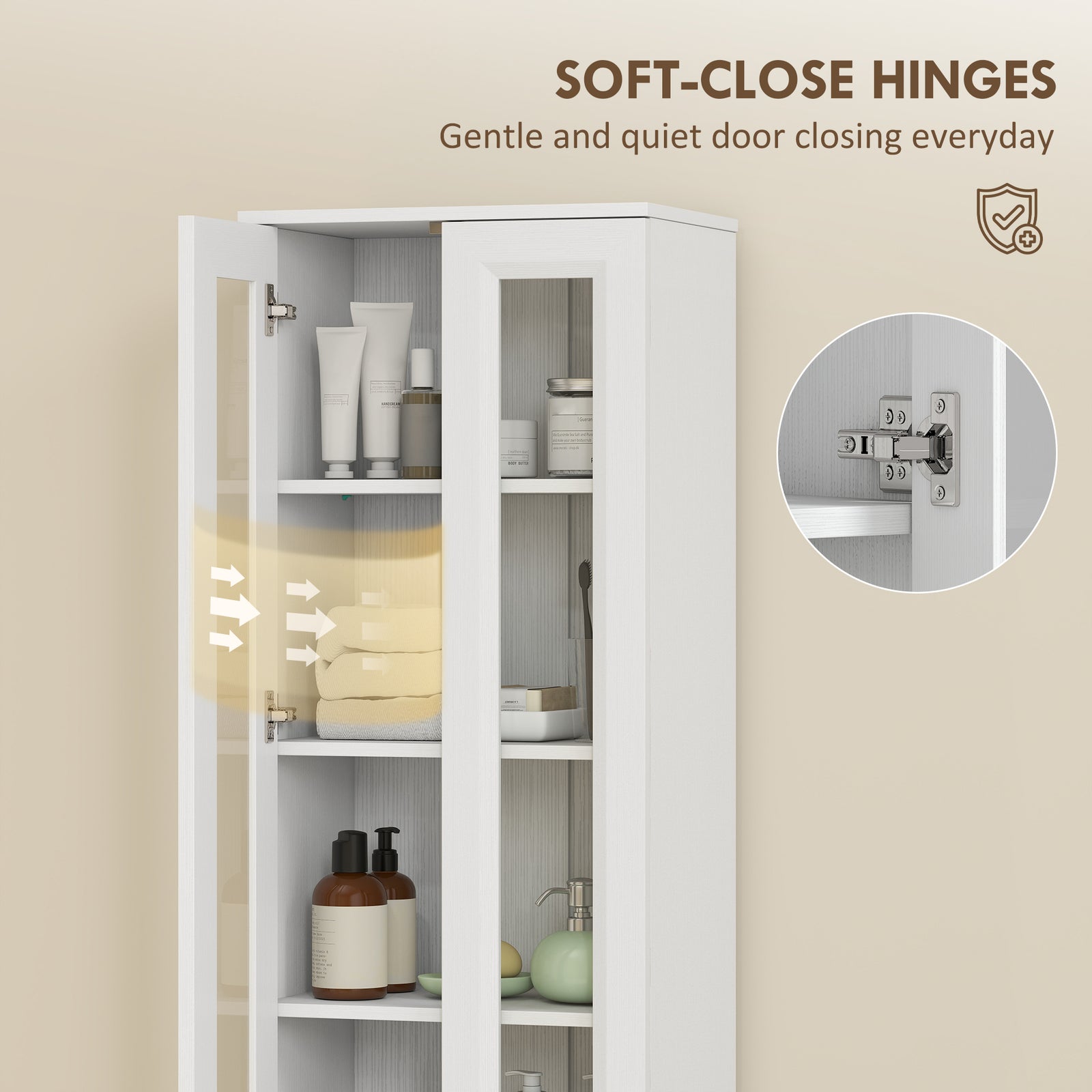HOMCOM Tall Bathroom Storage Cabinet, 6-Tier Slim Bathroom Cabinet with Adjustable Shelf, 4 Soft-Close Doors, White