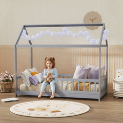 HOMCOM House-Shaped Kids Bed Frame with Guard Rails, Solid Pine Wood Single Bed Frame for Kids Boys and Girls, Grey
